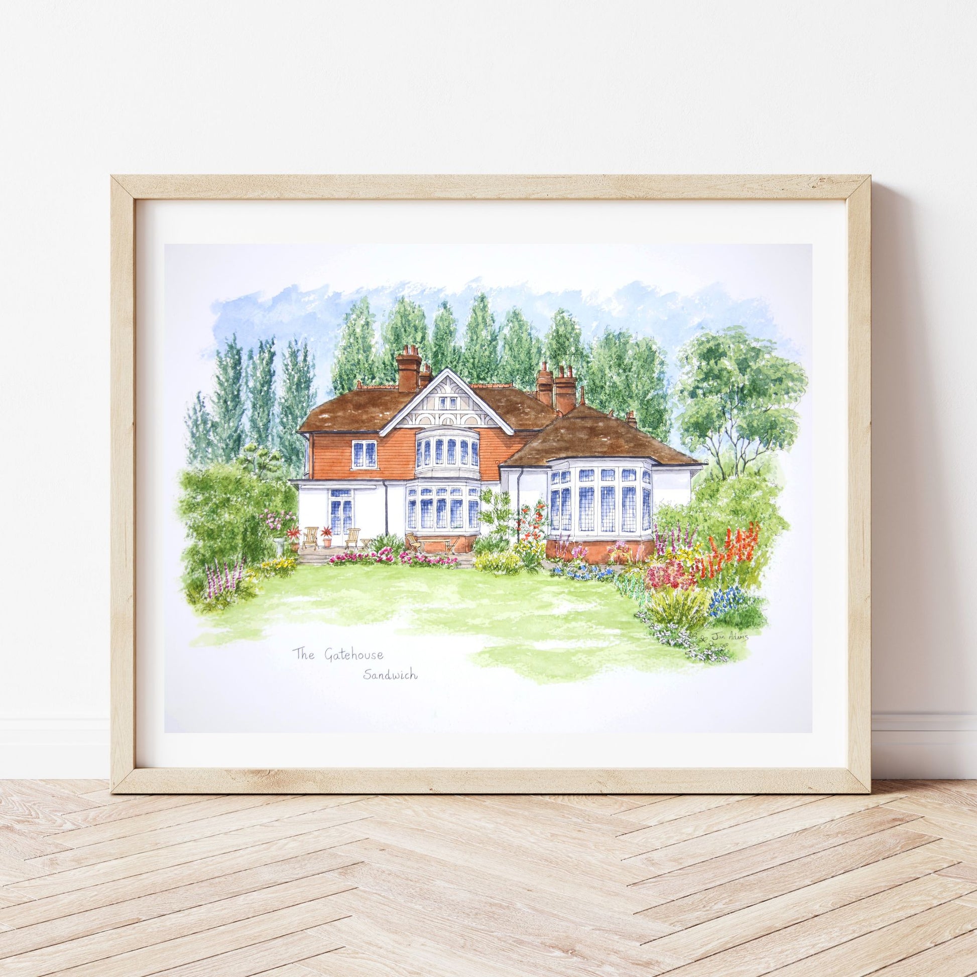 Watercolour house portrait of detached house and garden.  Beech frame 