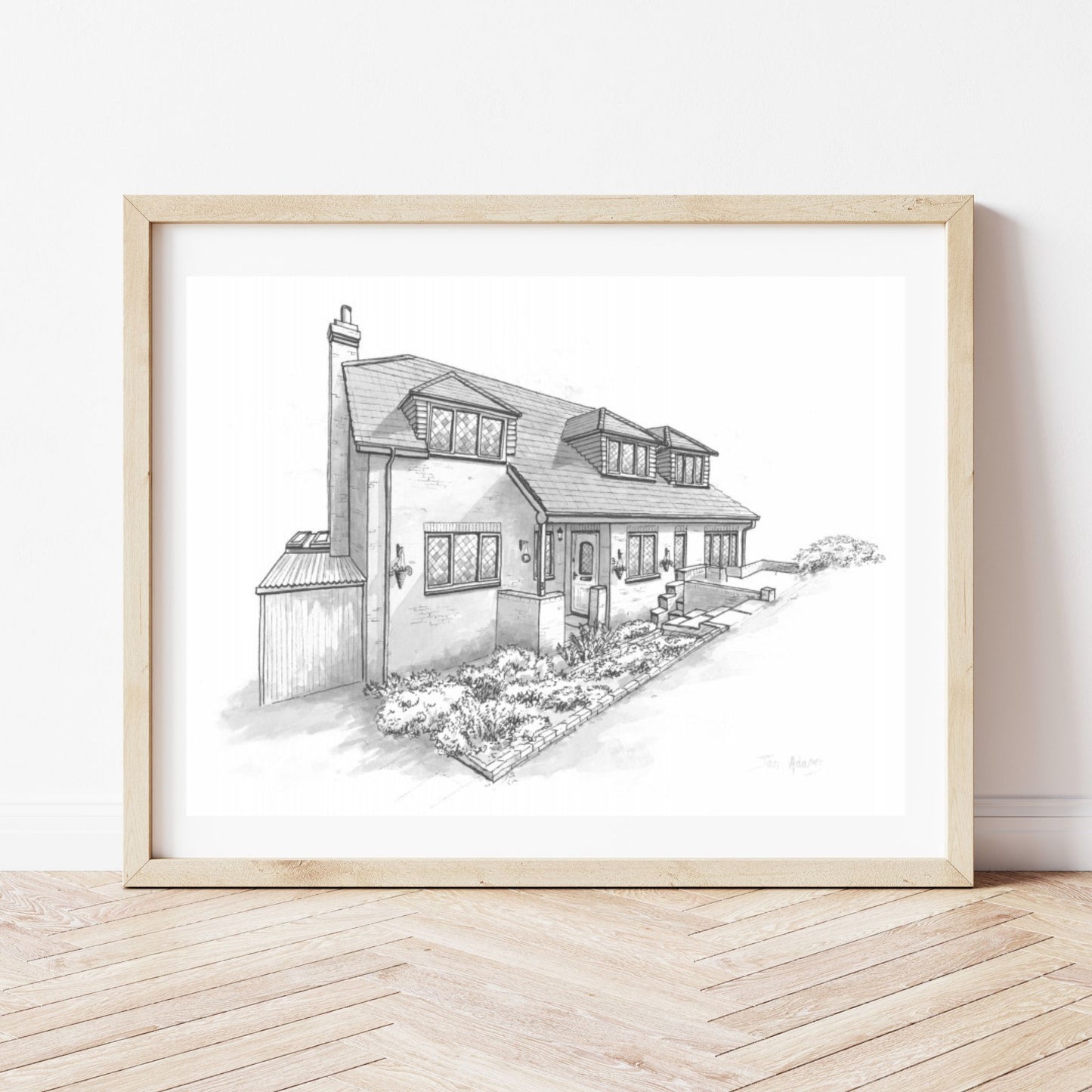 Large detached house painted in pen with watercolour wash