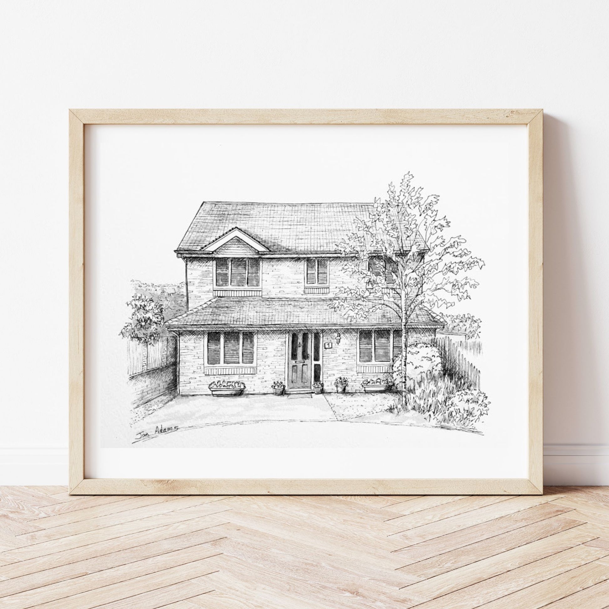 Detached house with blinds at the window in pen and ink