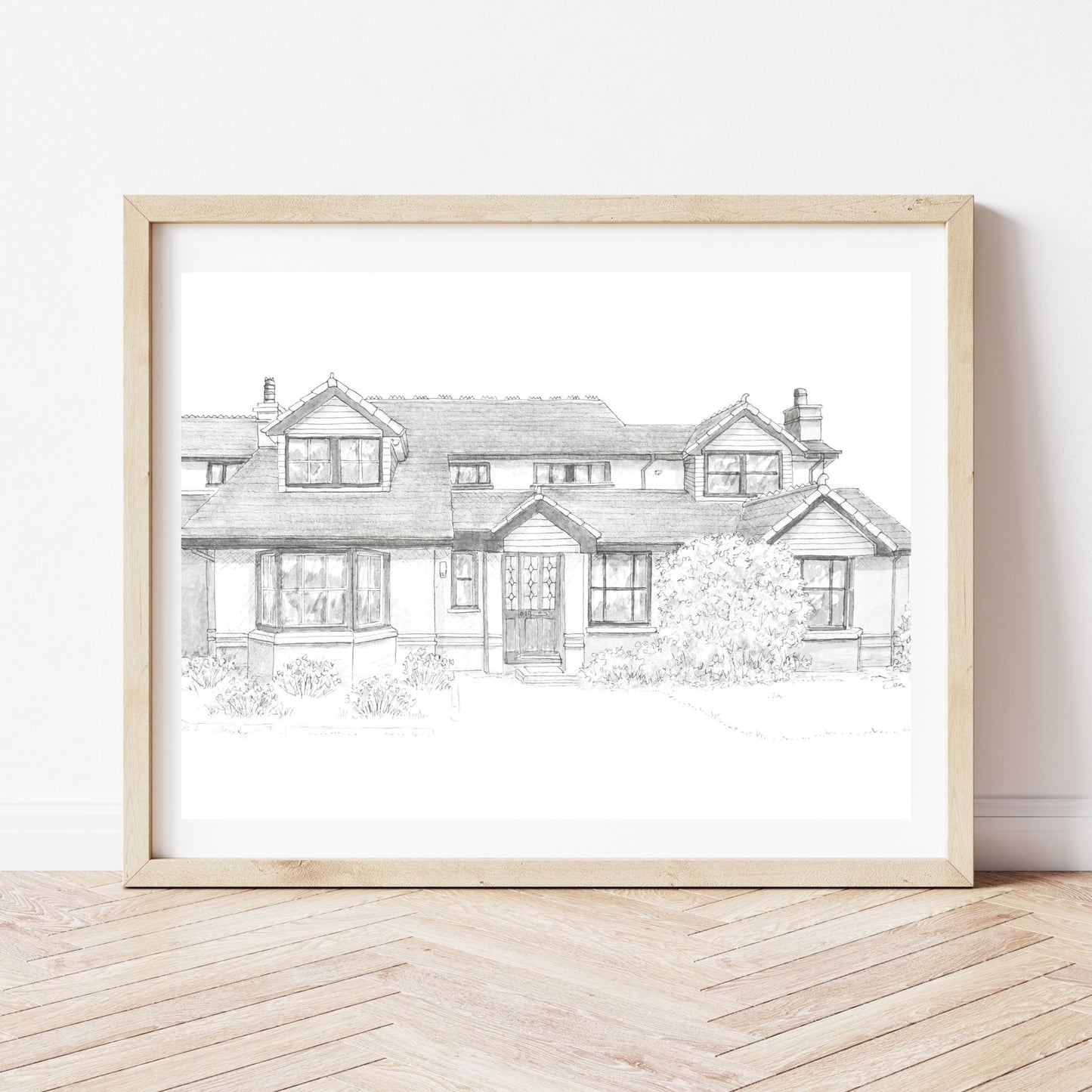 Detached bungalow in black and white painting